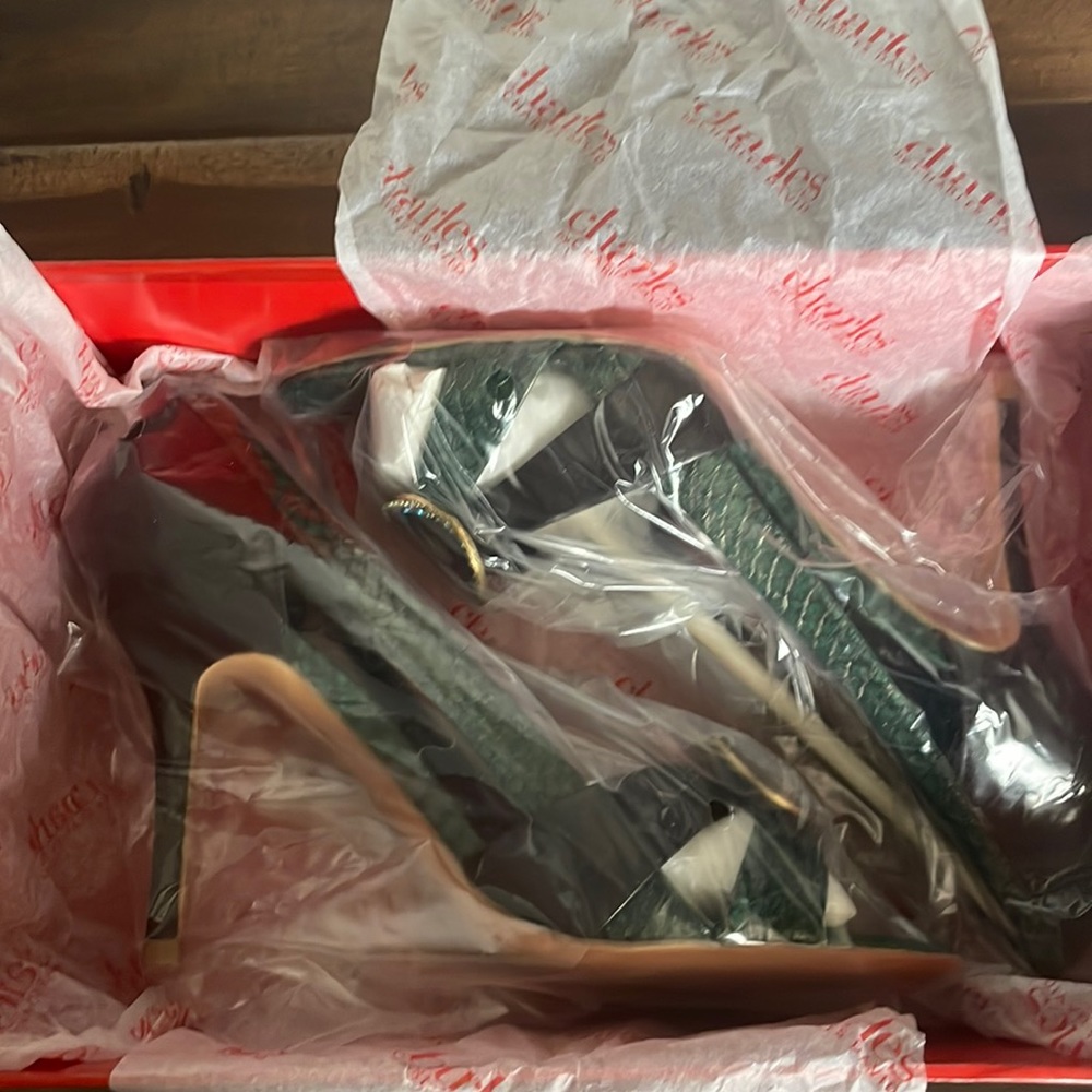 Charles david green and brown open toe pumps with jewel accent piece.